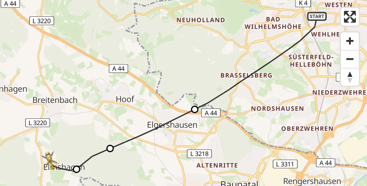 Flugroute Rettungshubschrauber Kassel - Schauenburg, 13 Juni 2026, 09:13
