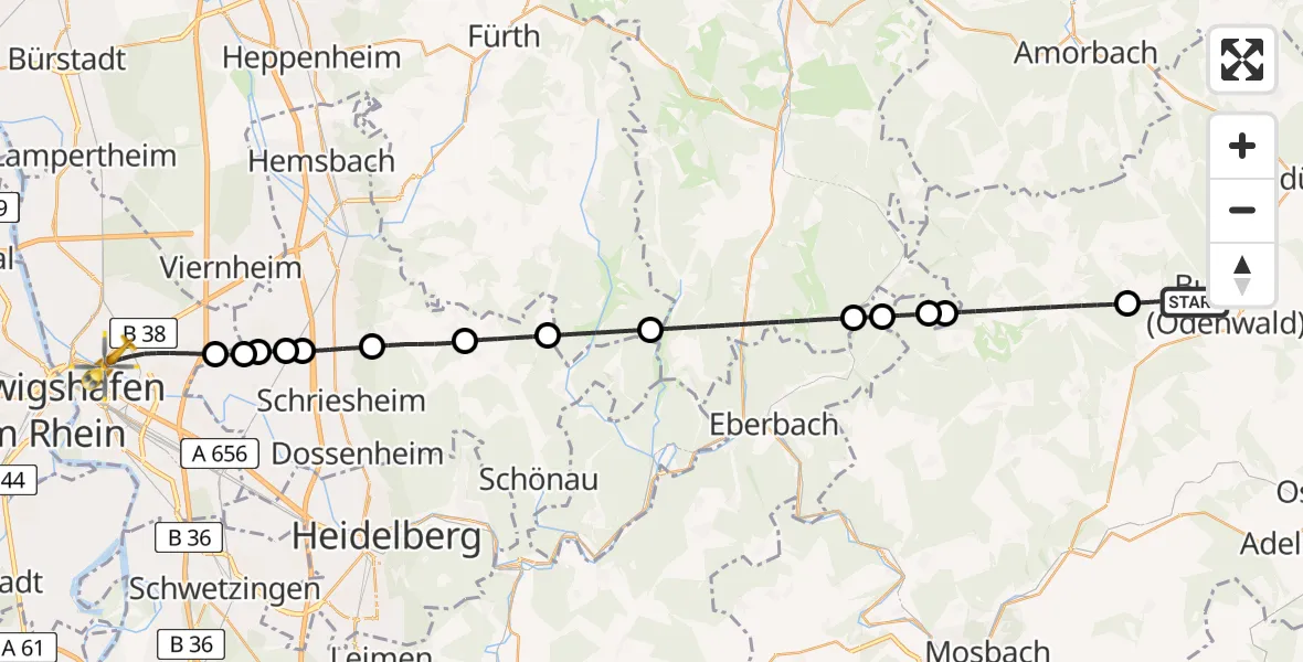 Flugroute Rettungshubschrauber Buchen (Odenwald) - Mannheim, 13 Juni 2026, 09:24