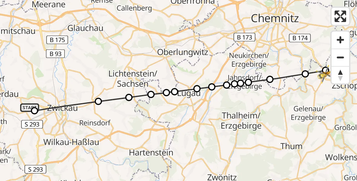 Flugroute Rettungshubschrauber ADAC Air Rescue Station Zwickau Hubschrauberlandeplatz - Gornau/Erzgeb., 13 Juni 2026, 09:25