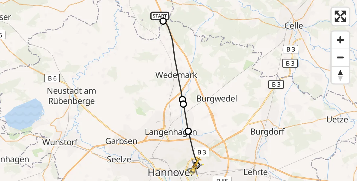 Flugroute Rettungshubschrauber Buchholz (Aller) - Hannover Luftrettung Hubschrauberlandeplatz (Christoph 4), 13 Juni 2026, 09:27
