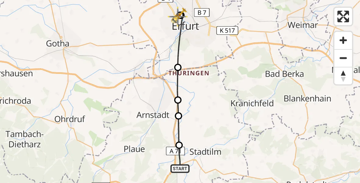 Flugroute Rettungshubschrauber Stadtilm - Helios Clinic Erfurt, 13 Juni 2026, 09:28
