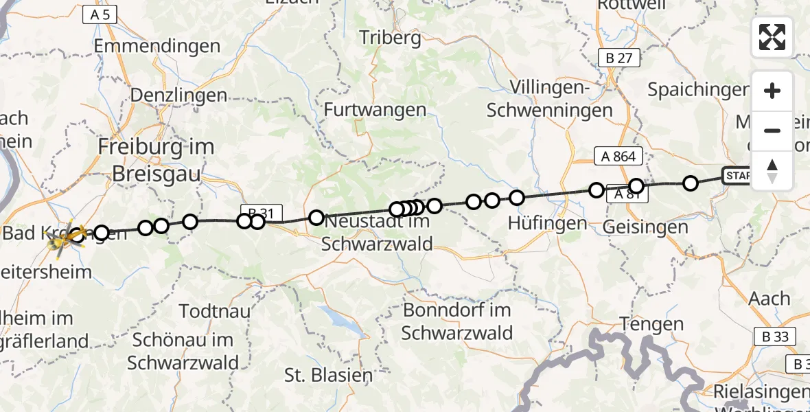 Flugroute Ambulanzhubschrauber Tuttlingen - Bad Krozingen, 13 Juni 2026, 09:28