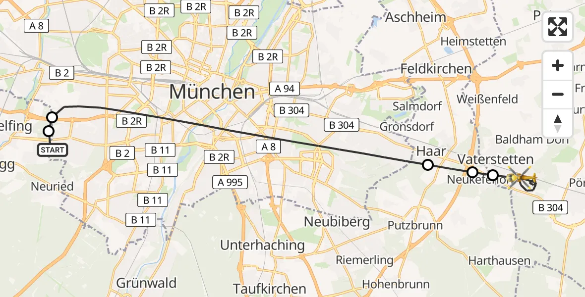 Flugroute Rettungshubschrauber DRF Air Rescue München Hubschrauberlandeplatz - Vaterstetten, 13 Juni 2026, 09:33