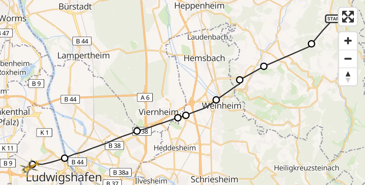 Flugroute Rettungshubschrauber Grasellenbach - Ludwigshafen Accident Hospital, 13 Juni 2026, 09:33