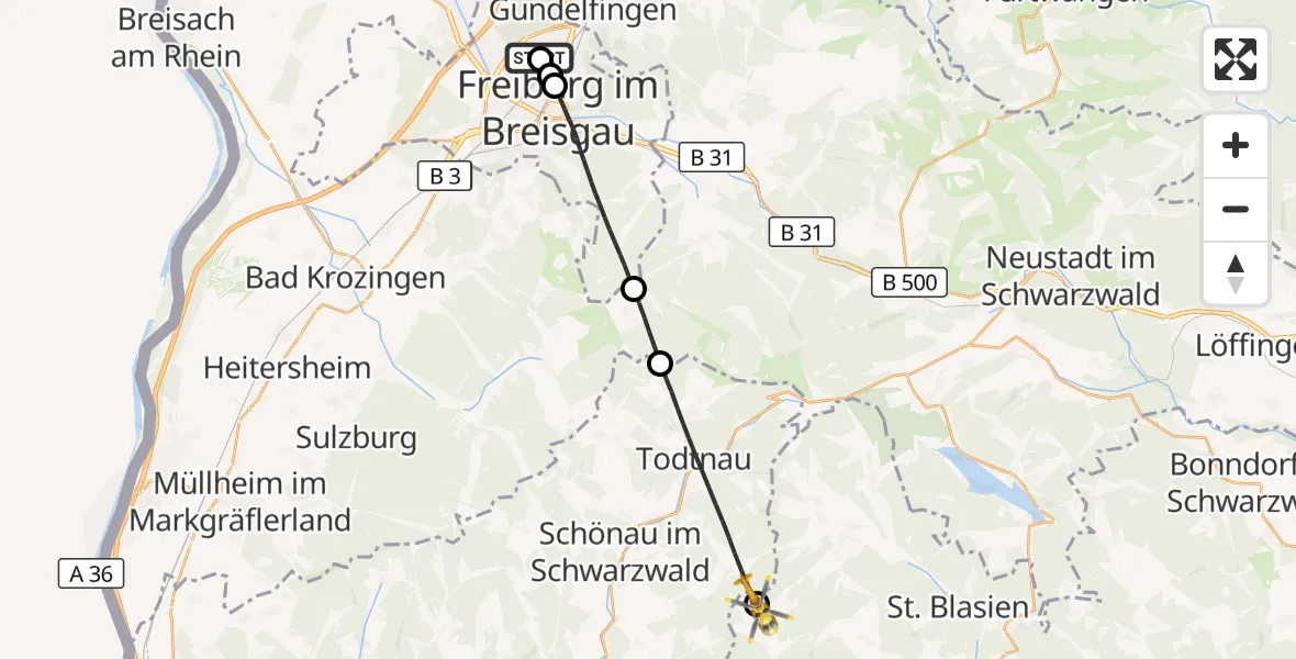 Flugroute Ambulanzhubschrauber Freiburg im Breisgau Flugplatz - Todtmoos, 13 Juni 2026, 09:34