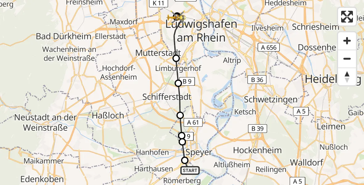 Flugroute Rettungshubschrauber Römerberg - Ludwigshafen Accident Hospital, 13 Juni 2026, 09:37