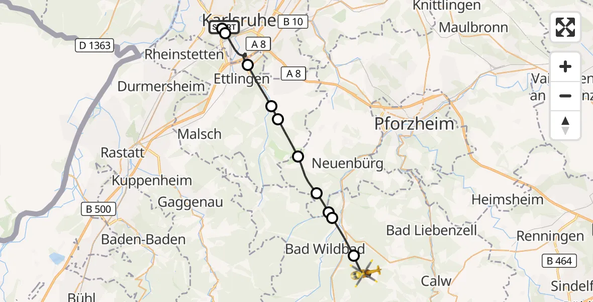 Flugroute Ambulanzhubschrauber Sankt Vincentius Hospital - Oberreichenbach, 13 Juni 2026, 09:42