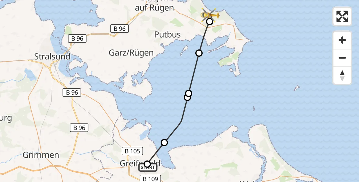 Flugroute Rettungshubschrauber Greifswald Hospital - Binz, 13 Juni 2026, 09:43