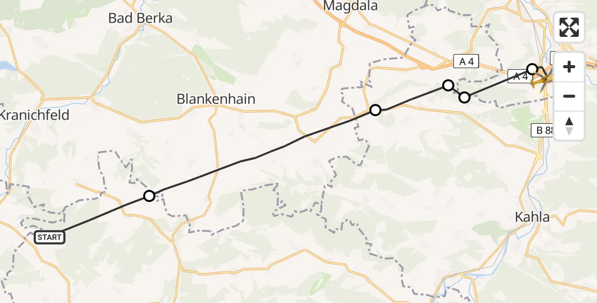 Flugroute Rettungshubschrauber Rudolstadt - Jena, 13 Juni 2026, 09:45