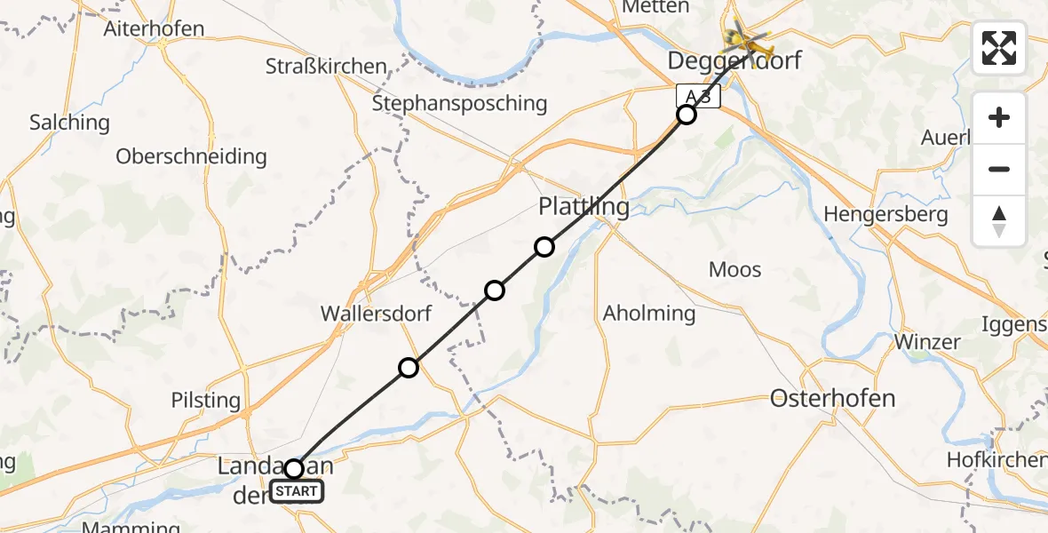 Flugroute Rettungshubschrauber DonauIsar Hospital Landau - Deggendorf, 13 Juni 2026, 09:46