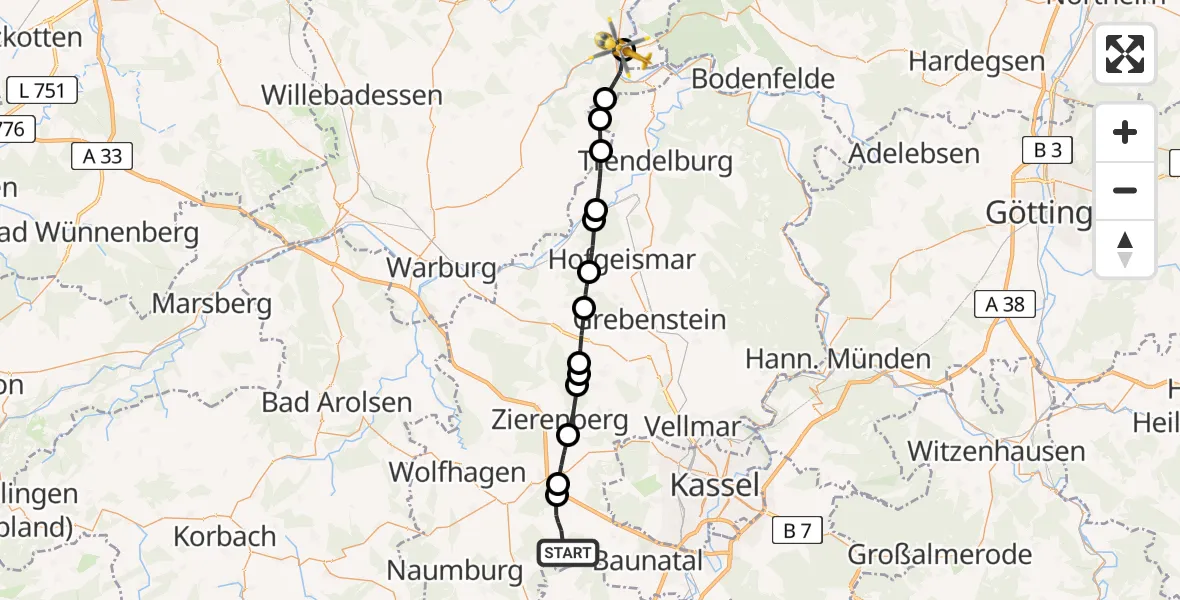 Flugroute Rettungshubschrauber Schauenburg - Lauenförde, 13 Juni 2026, 09:47