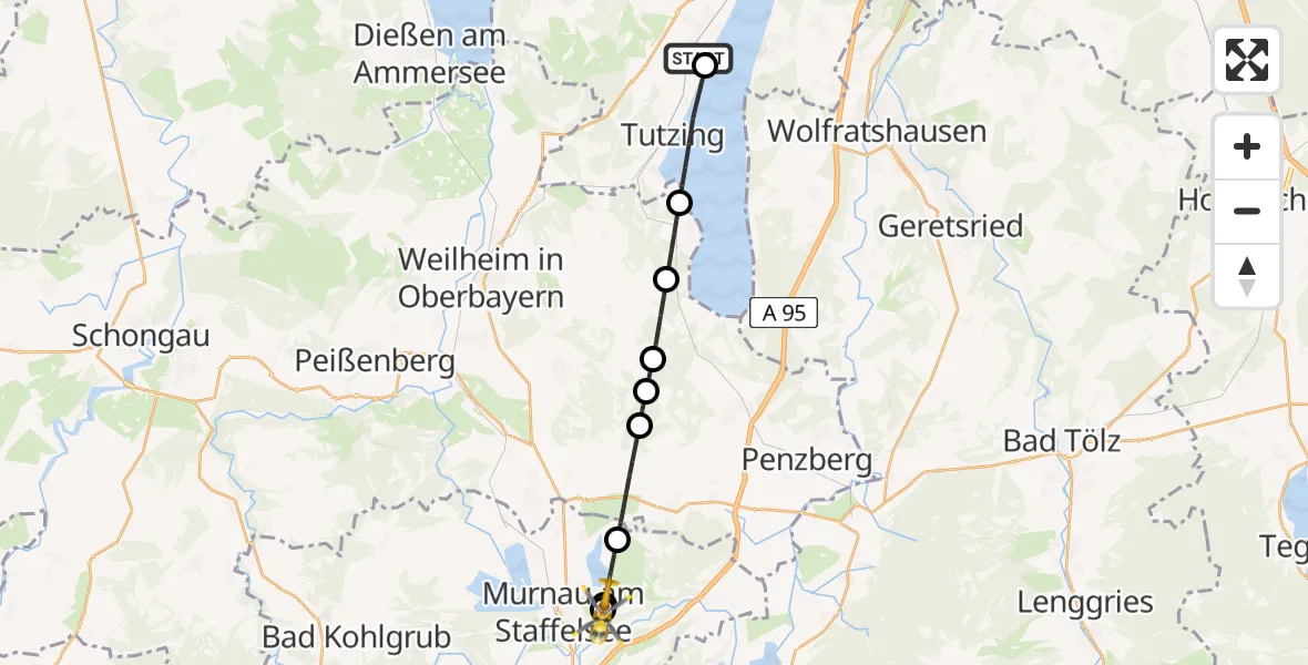 Flugroute Rettungshubschrauber Feldafing - Riegsee, 13 Juni 2026, 09:53