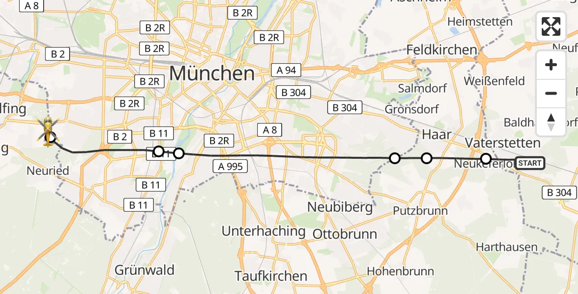 Flugroute Rettungshubschrauber Vaterstetten - DRF Air Rescue München Hubschrauberlandeplatz, 13 Juni 2026, 09:53