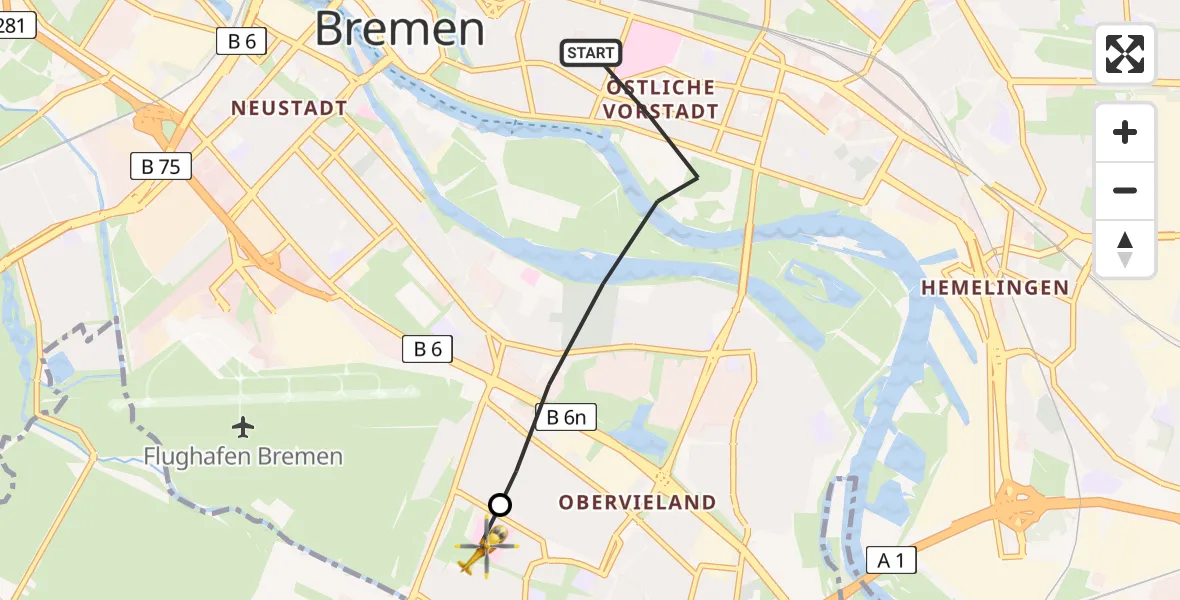 Flugroute Rettungshubschrauber Bremen - ADAC Air Rescue Station Bremen Hubschrauberlandeplatz (Christoph 6), 13 Juni 2026, 09:58