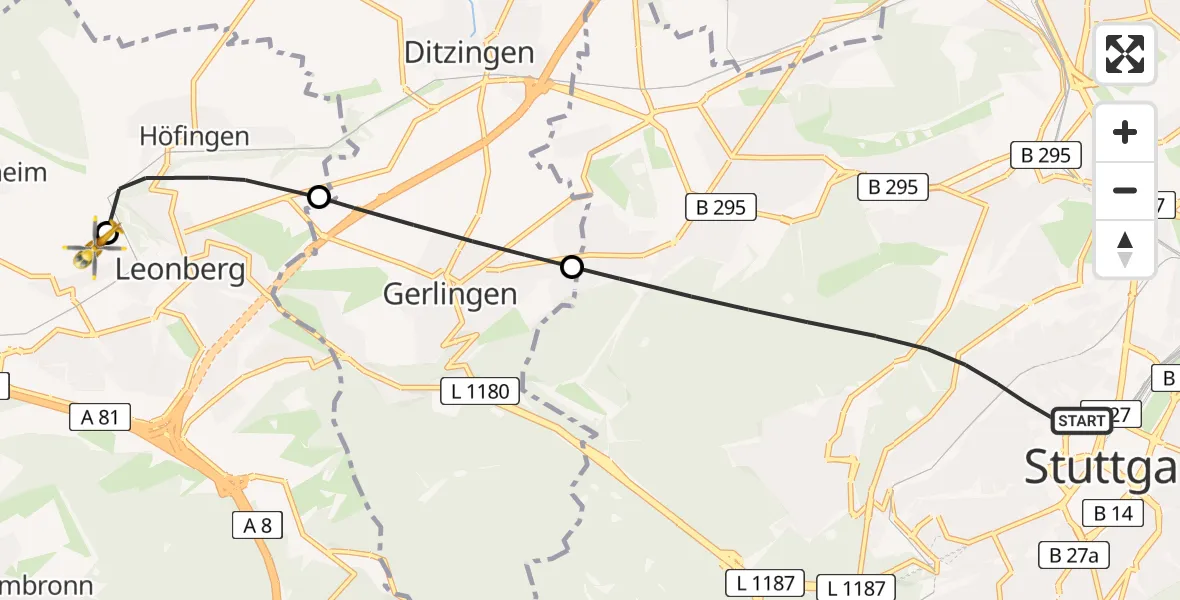 Flugroute Rettungshubschrauber Stuttgart - Leonberg Hospital, 13 Juni 2026, 10:01