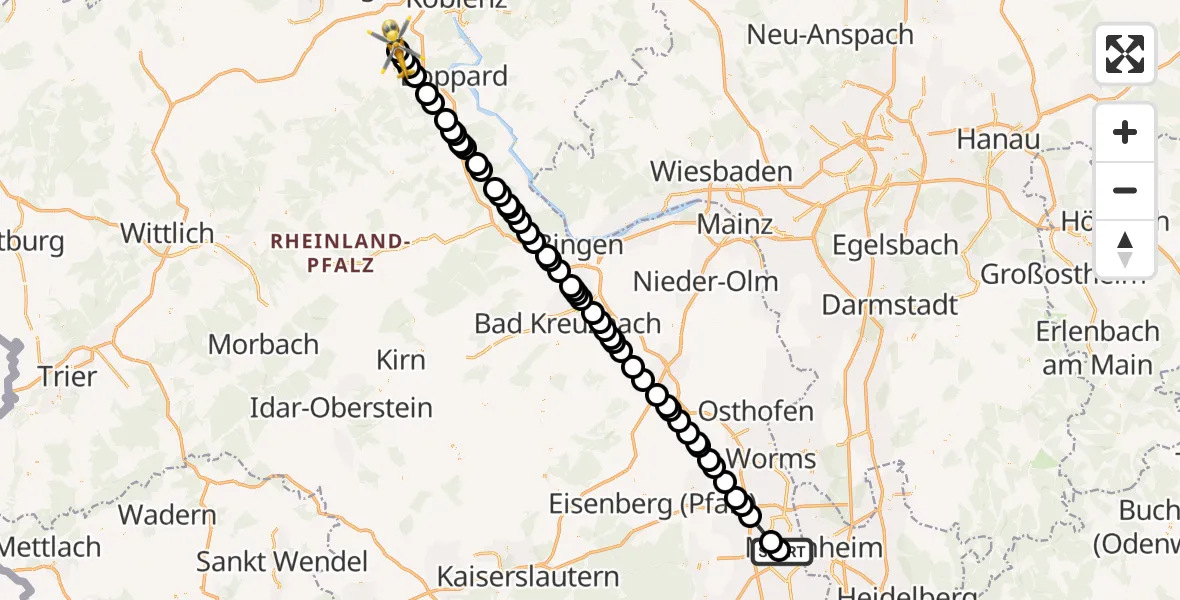 Flugroute Rettungshubschrauber Ludwigshafen Accident Hospital - Lehmen, 13 Juni 2026, 10:08