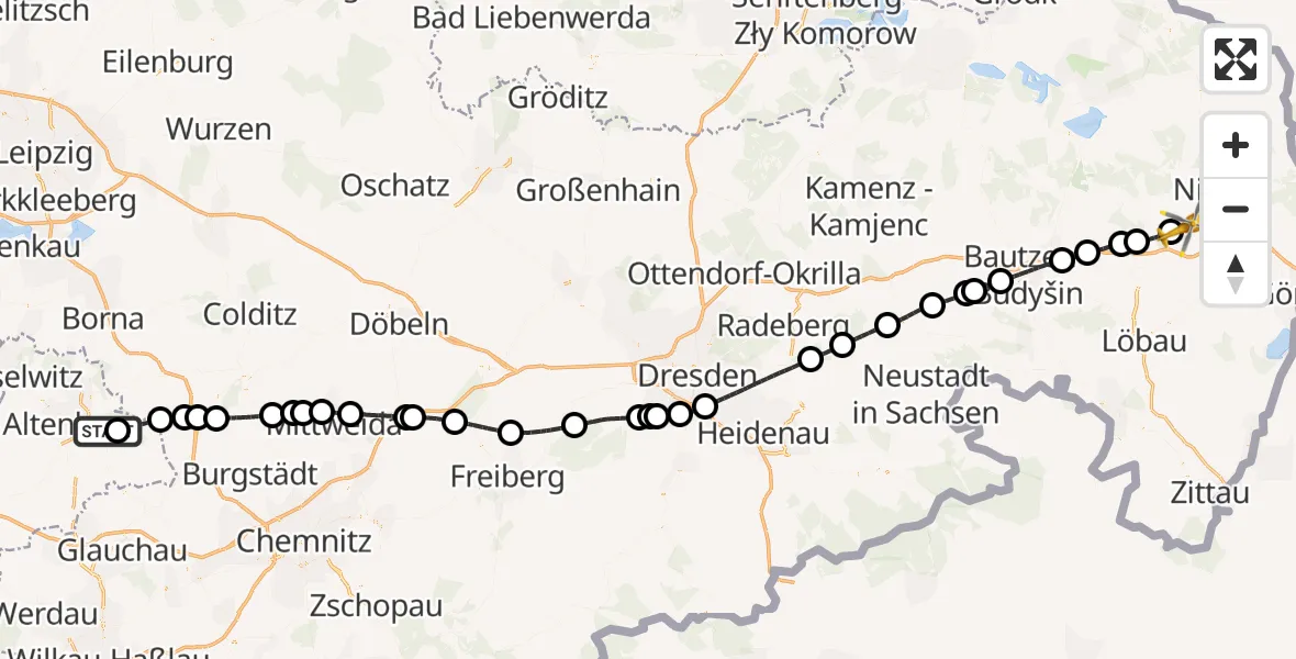 Flugroute Rettungshubschrauber Leipzig–Altenburg Flughafen - Waldhufen, 13 Juni 2026, 10:10