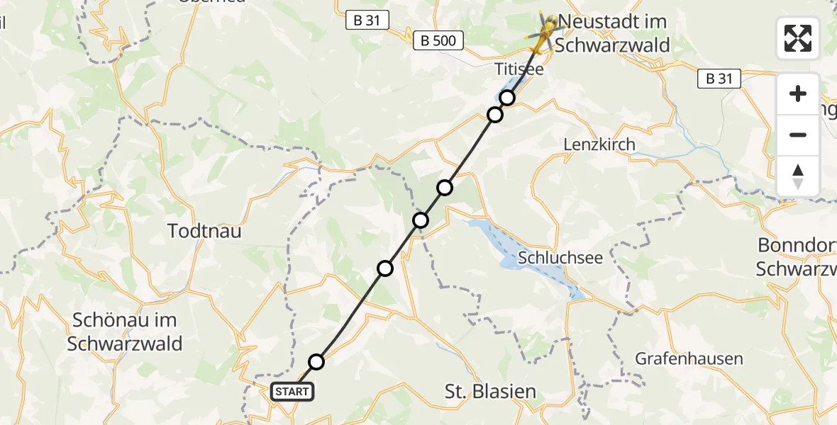 Flugroute Ambulanzhubschrauber Todtmoos - Titisee-Neustadt, 13 Juni 2026, 10:13