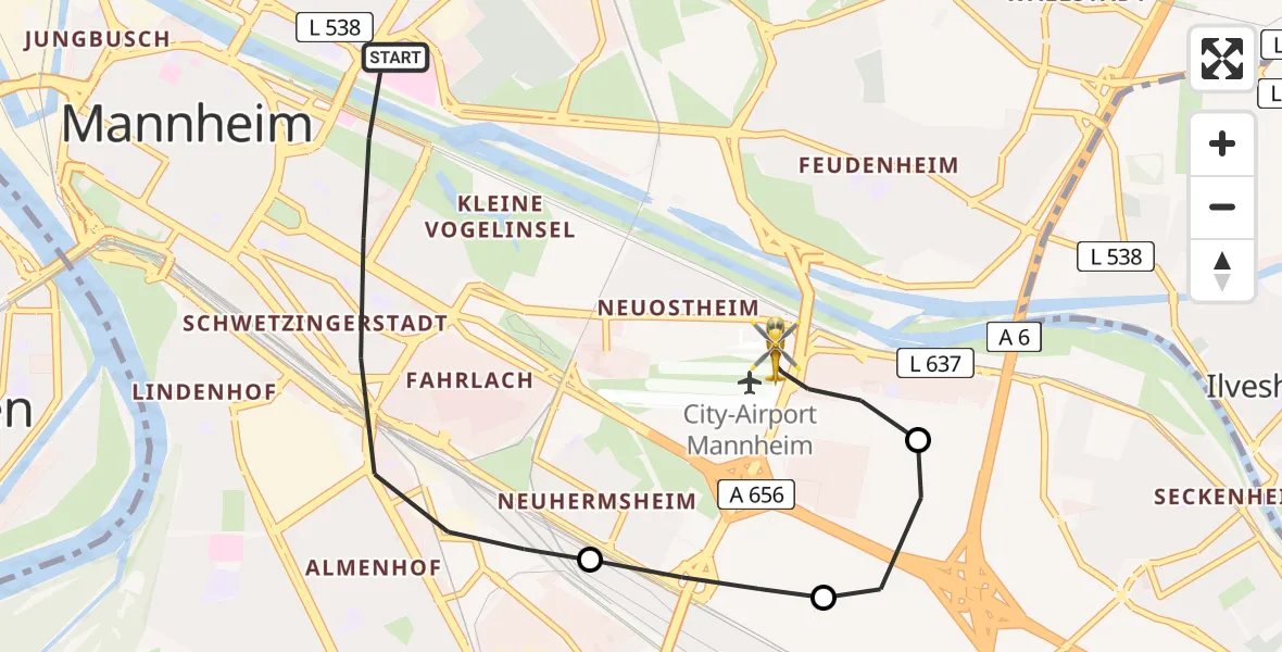 Flugroute Rettungshubschrauber Mannheim - Mannheim-City Flughafen, 13 Juni 2026, 10:19