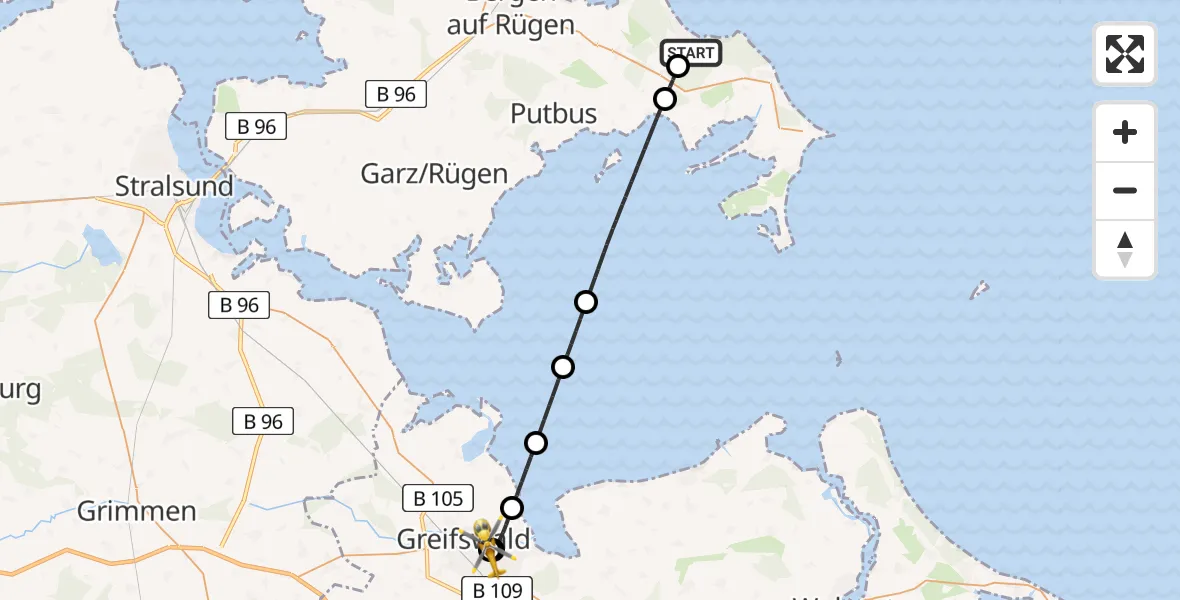 Flugroute Rettungshubschrauber Binz - Greifswald Hospital, 13 Juni 2026, 10:20