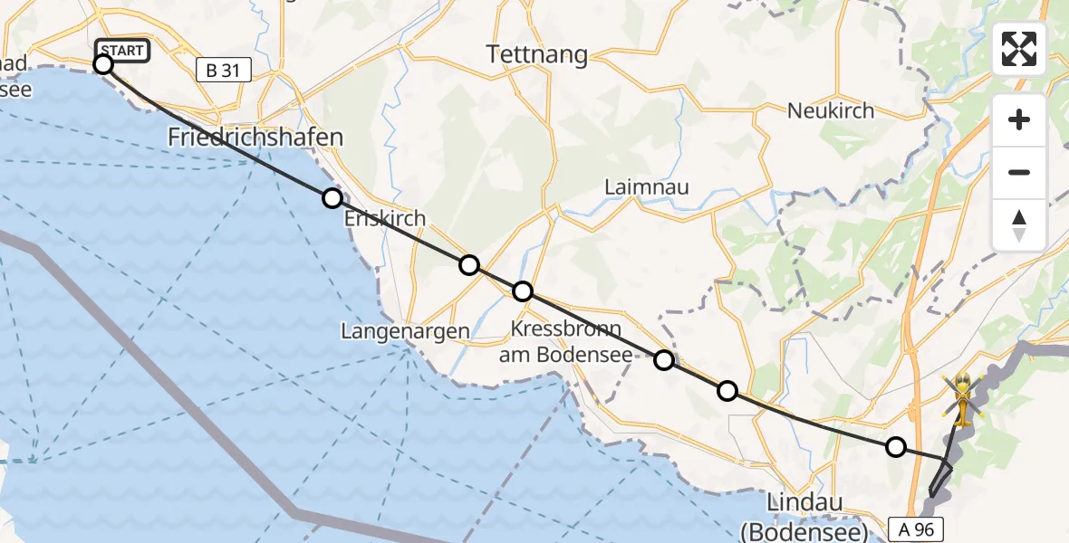 Flugroute Rettungshubschrauber Friedrichshafen Hospital - Sigmarszell, 13 Juni 2026, 10:29
