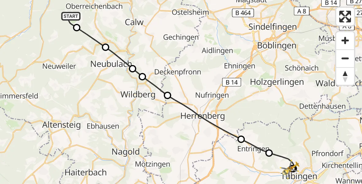 Flugroute Ambulanzhubschrauber Oberreichenbach - Tübingen University Hospital, 13 Juni 2026, 10:30
