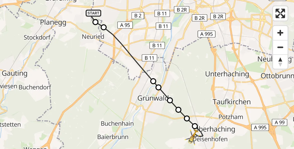 Flugroute Rettungshubschrauber DRF Air Rescue München Hubschrauberlandeplatz - Oberhaching, 13 Juni 2026, 10:32