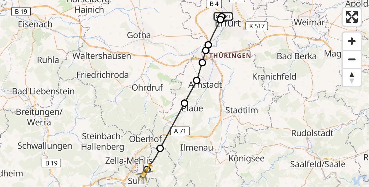Flugroute Rettungshubschrauber Helios Clinic Erfurt - Suhl-Goldlauter Flugplatz, 13 Juni 2026, 10:32