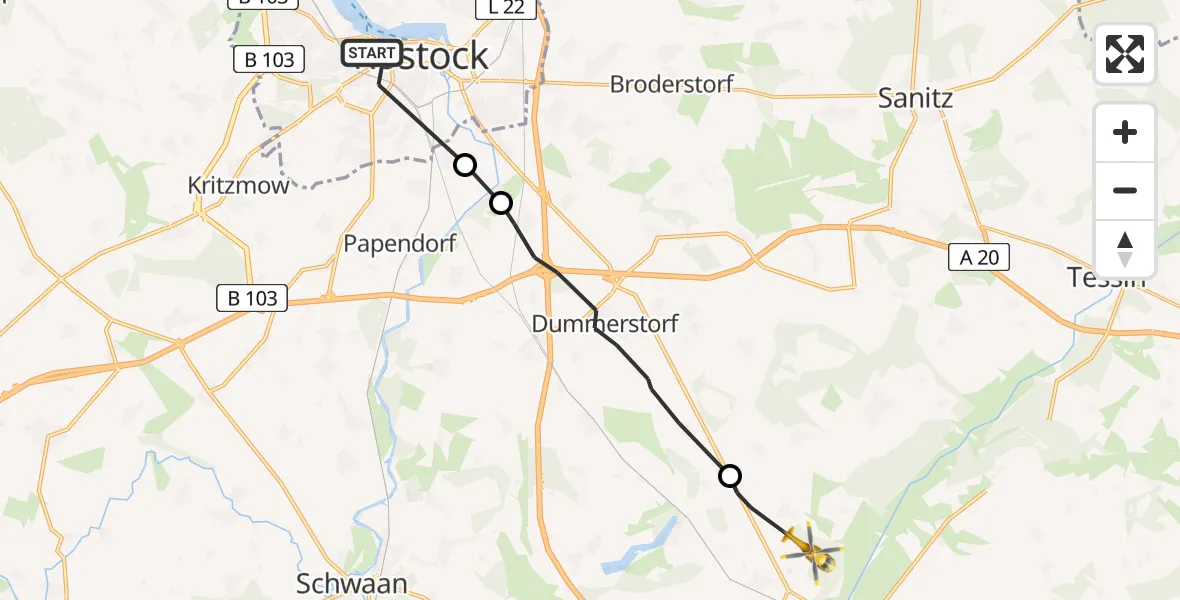 Flugroute Rettungshubschrauber Rostock - Laage, 13 Juni 2026, 10:32