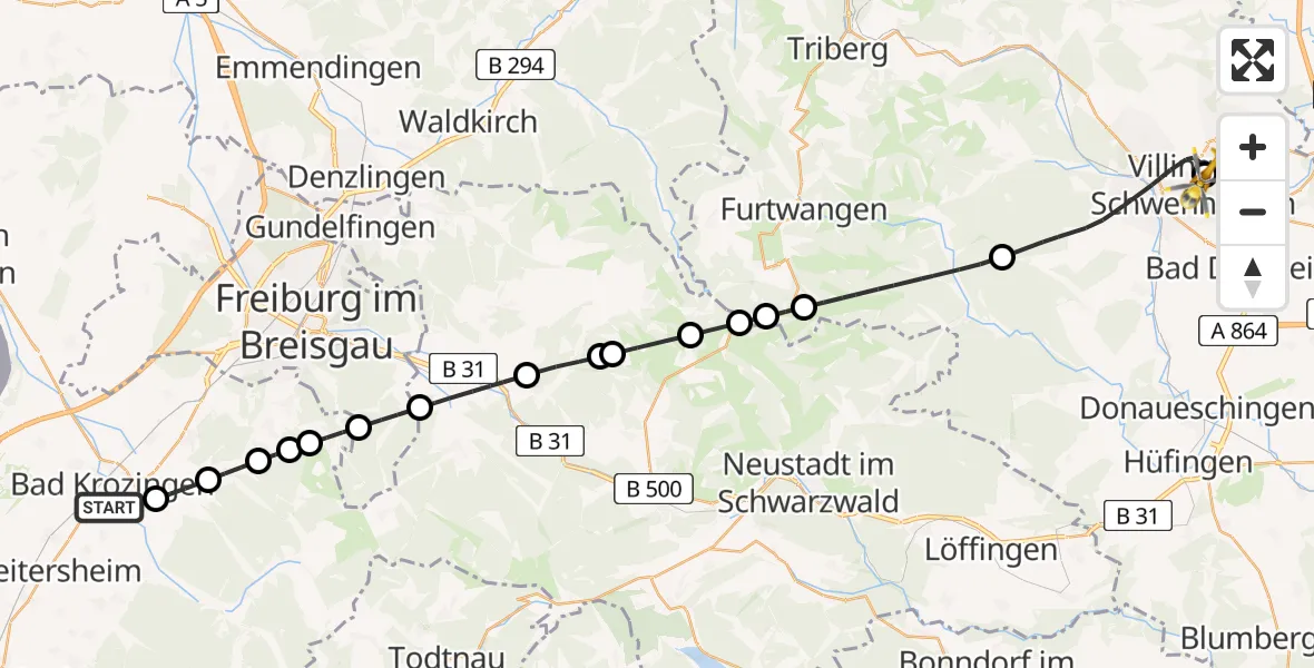 Flugroute Ambulanzhubschrauber Bad Krozingen - DRF Air Rescue Station Villingen-Schwenningen Hubschrauberlandeplatz (Christoph 11), 13 Juni 2026, 10:33