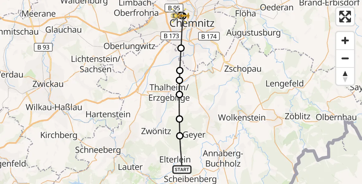 Flugroute Rettungshubschrauber Elterlein - Flemmingstraße Hospital Rooftop, 13 Juni 2026, 10:40
