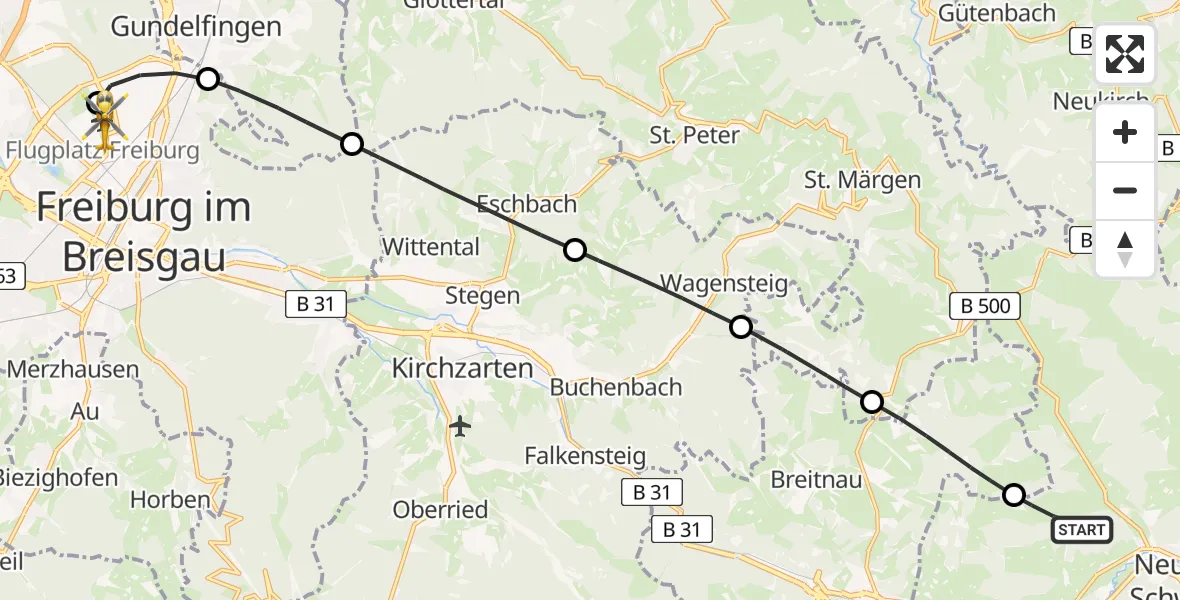 Flugroute Ambulanzhubschrauber Titisee-Neustadt - Freiburg im Breisgau Flugplatz, 13 Juni 2026, 10:40