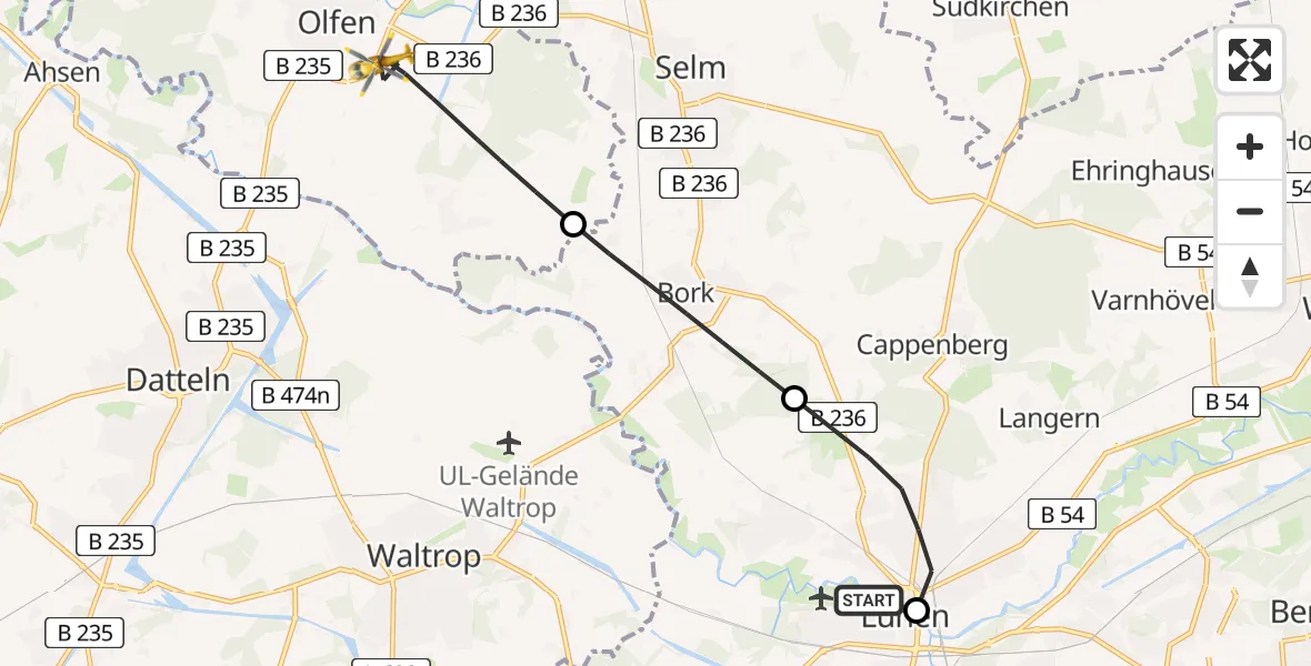 Flugroute Rettungshubschrauber Sankt Marien Hospital - Olfen, 13 Juni 2026, 10:43