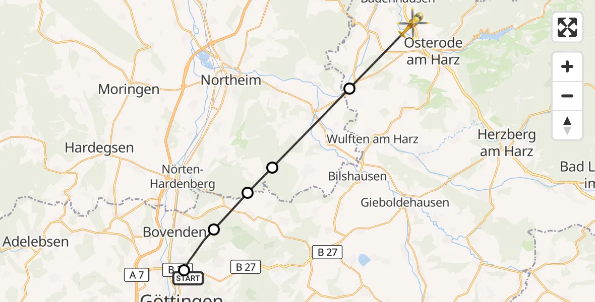 Flugroute Rettungshubschrauber Göttingen University Clinic Hubschrauberlandeplatz - Osterode am Harz, 13 Juni 2026, 10:43