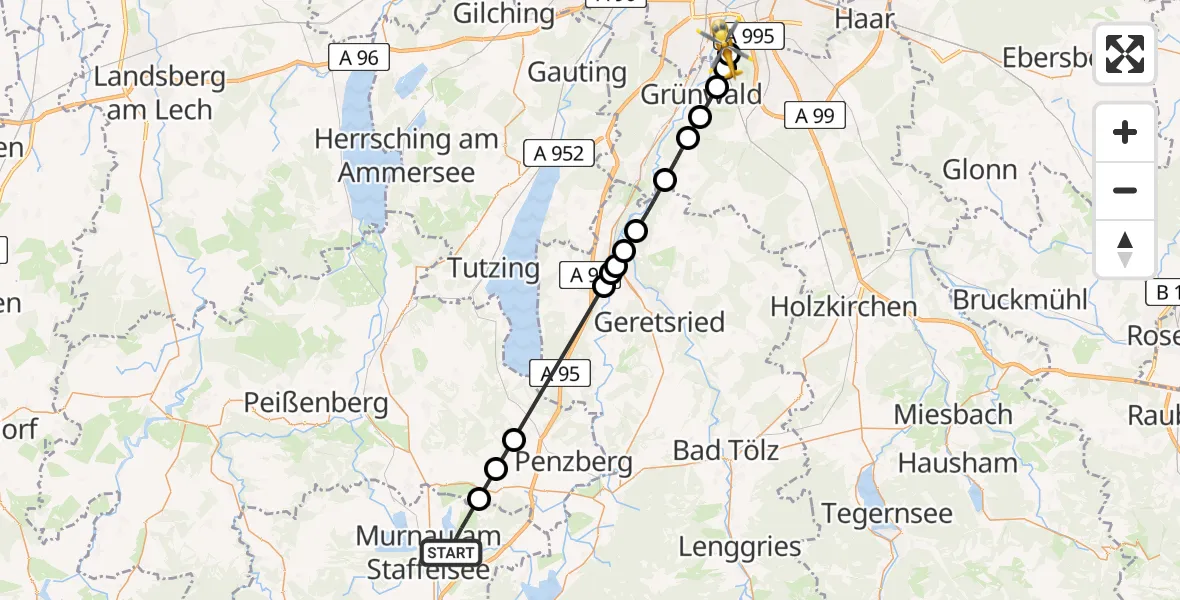 Flugroute Rettungshubschrauber Riegsee - ADAC Air Rescue Center Hubschrauberlandeplatz (Christoph 1), 13 Juni 2026, 10:49
