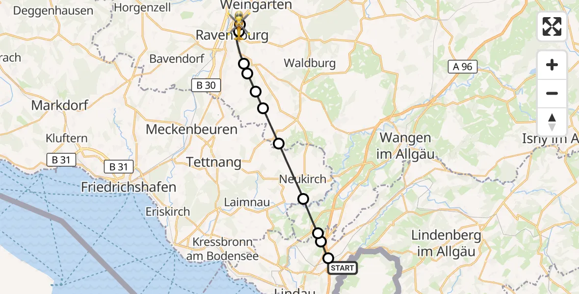 Flugroute Rettungshubschrauber Sigmarszell - Sankt Elisabeth Hospital, 13 Juni 2026, 10:56