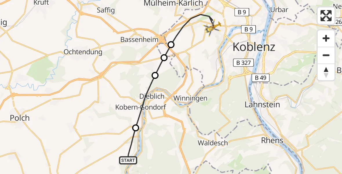 Flugroute Rettungshubschrauber Lehmen - Koblenz, 13 Juni 2026, 10:57