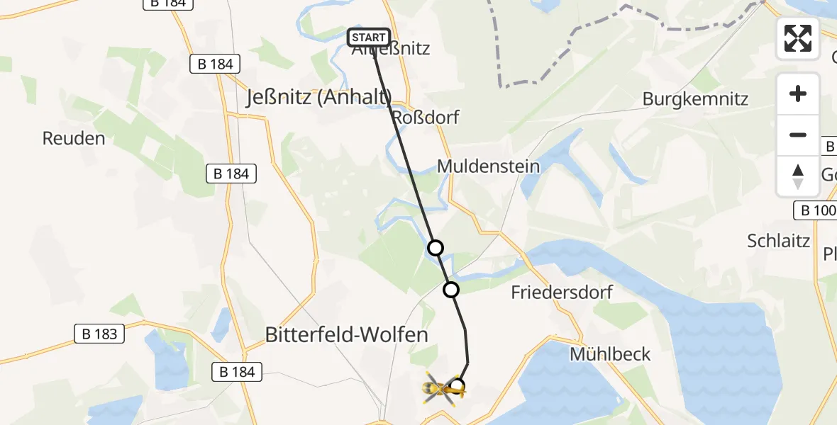 Flugroute Rettungshubschrauber Raguhn-Jeßnitz - Bitterfield-Wolfen Health Center Hubschrauberlandeplatz, 13 Juni 2026, 11:00