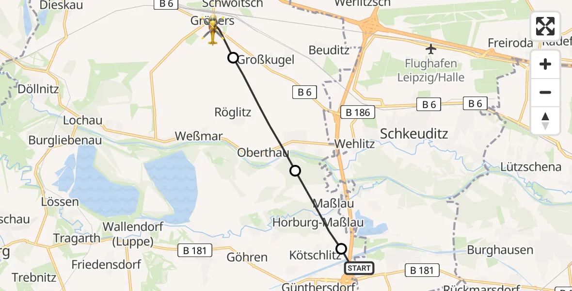 Flugroute Rettungshubschrauber ADAC Air Rescue Station Leipzig/Schkeuditz-Dölzig Hubschrauberlandeplatz (Christoph 61) - Kabelsketal, 13 Juni 2026, 11:09