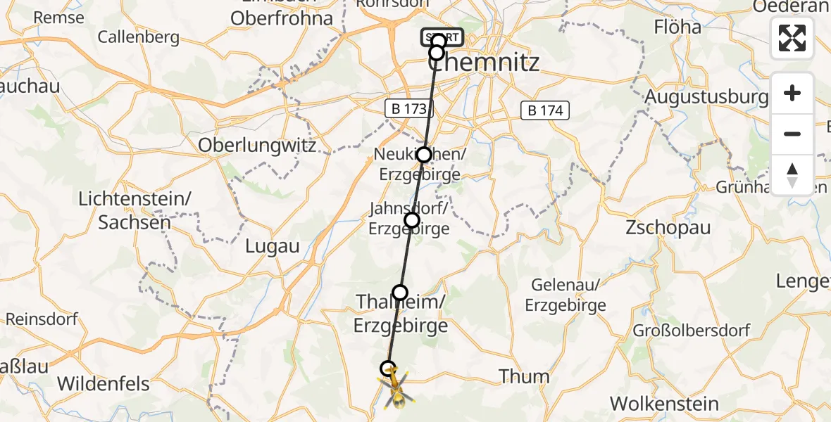 Flugroute Rettungshubschrauber Flemmingstraße Hospital Rooftop - Zwönitz, 13 Juni 2026, 11:13