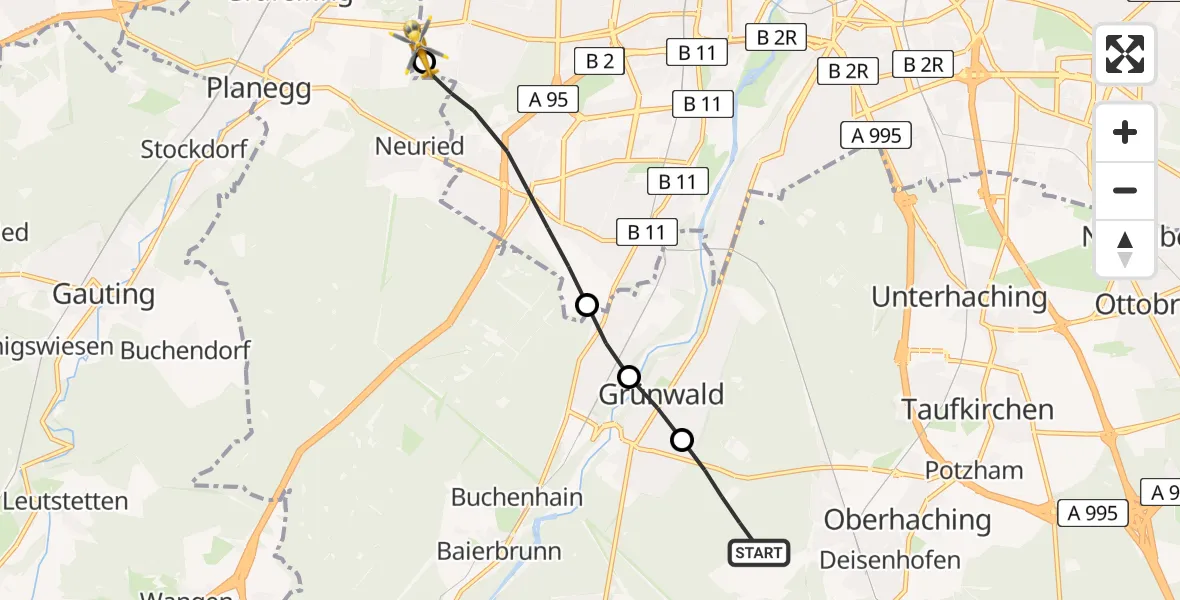 Flugroute Rettungshubschrauber Grünwalder Forst - DRF Air Rescue München Hubschrauberlandeplatz, 13 Juni 2026, 11:14