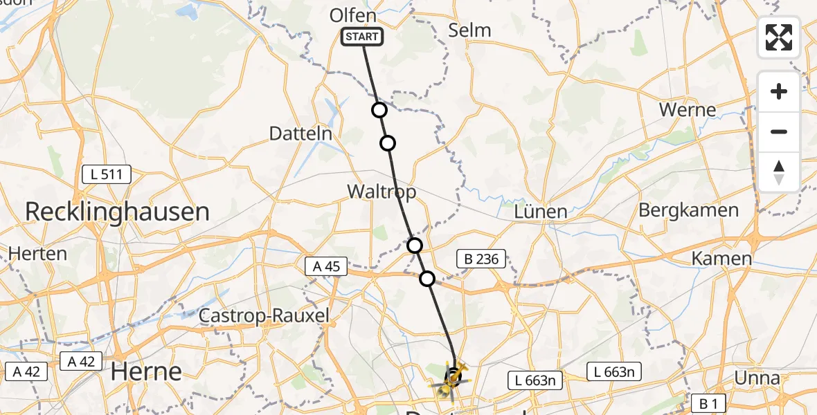 Flugroute Rettungshubschrauber Olfen - Dortmund Hospital North, 13 Juni 2026, 11:18