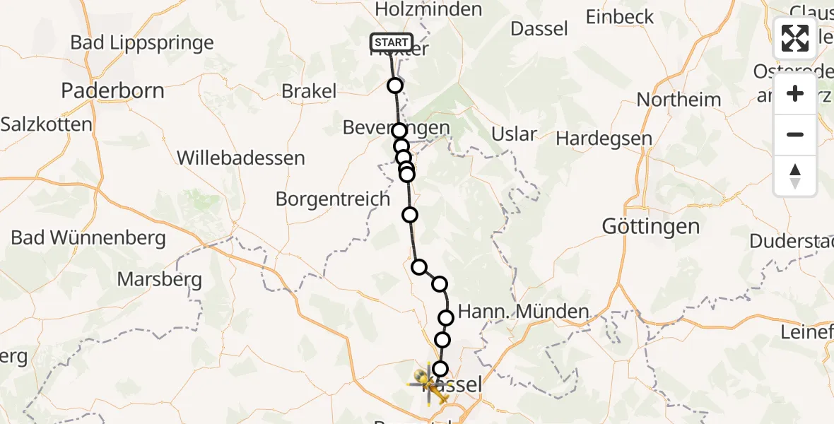 Flugroute Rettungshubschrauber Höxter - Kassel, 13 Juni 2026, 11:20
