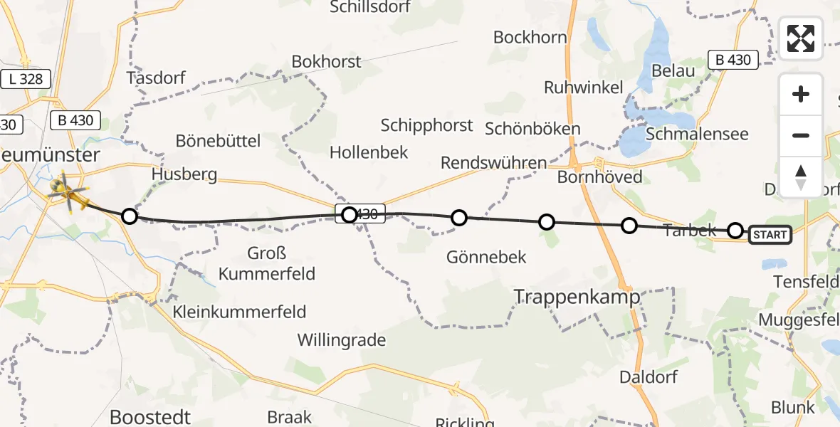 Flugroute Rettungshubschrauber Damsdorf - Neumünster, 13 Juni 2026, 11:20