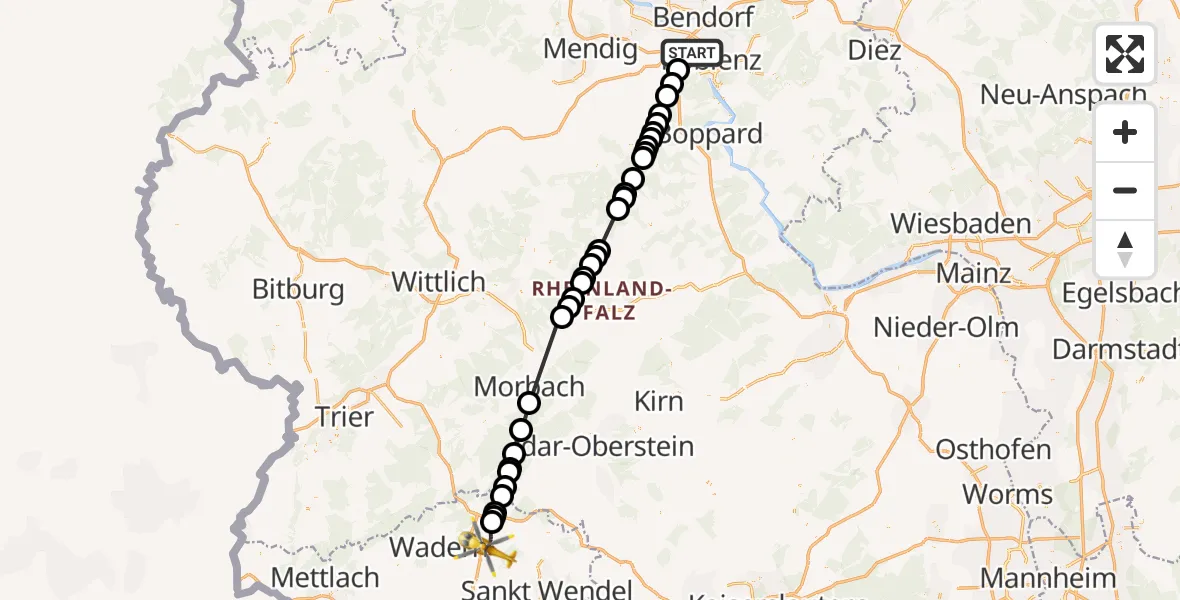 Flugroute Rettungshubschrauber Koblenz - Nohfelden, 13 Juni 2026, 11:23