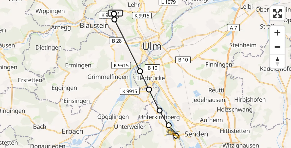 Flugroute Rettungshubschrauber Ulm Military Hospital Emergency - Illerkirchberg, 13 Juni 2026, 11:26
