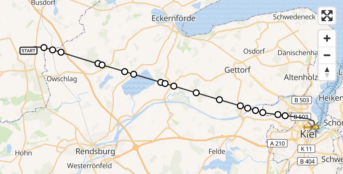 Flugroute Ambulanzhubschrauber Kropp - Kiel, 13 Juni 2026, 11:29