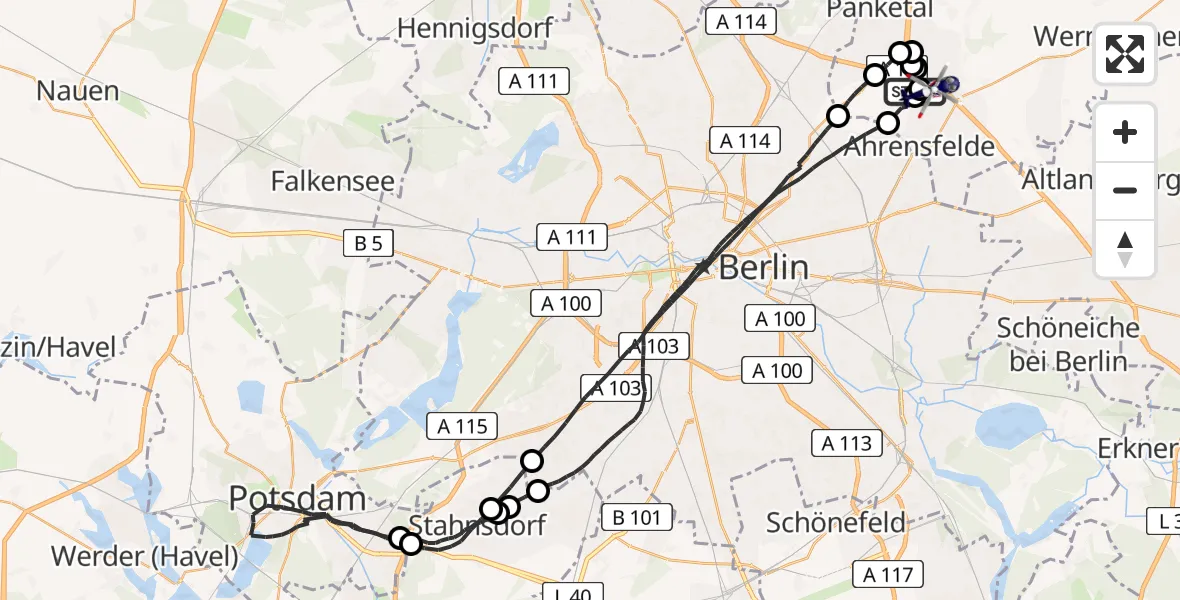 Flugroute Polizeihubschrauber Panketal - Ahrensfelde, 13 Juni 2026, 11:34