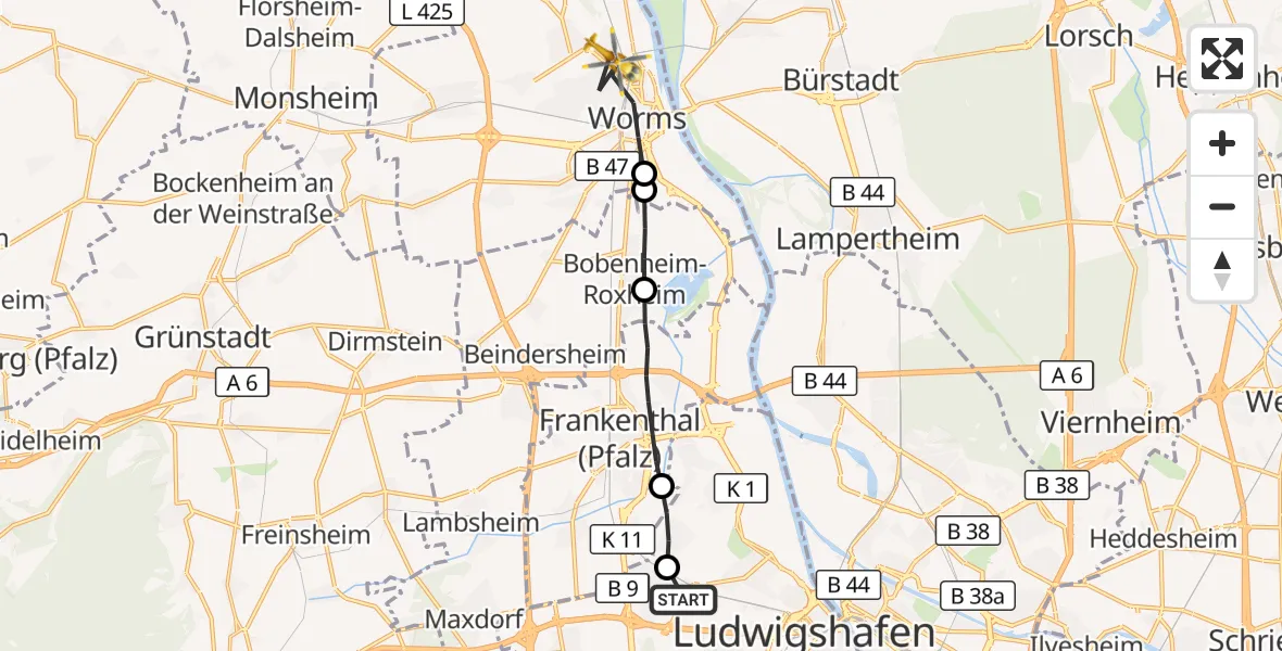Flugroute Rettungshubschrauber Ludwigshafen Accident Hospital - Worms, 13 Juni 2026, 11:37