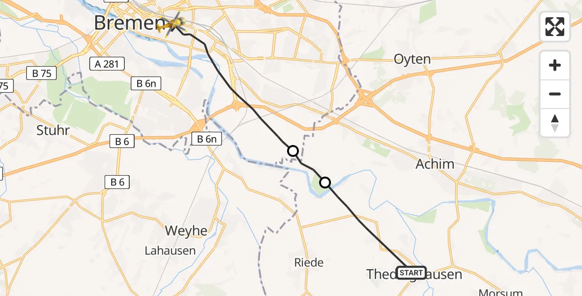 Flugroute Rettungshubschrauber Thedinghausen - Bremen, 13 Juni 2026, 11:40